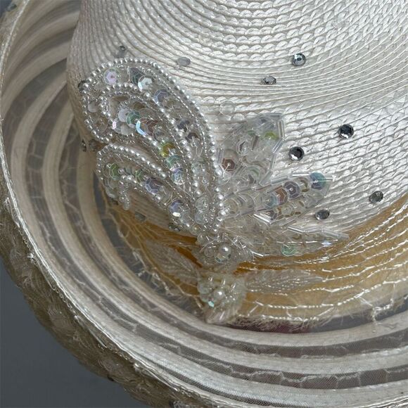 Women's Ivory Wide Brim Straw Hat with Sequins & Floral Appliqué - Picture 6 of 10
